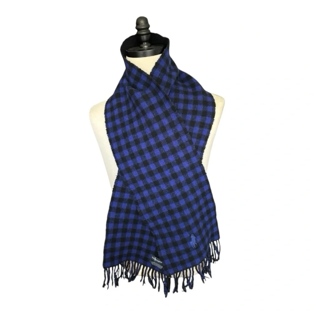 Polo Ralph Lauren reversible Fringe-Trim Lambs Wool Plaid Check 60” Scarf